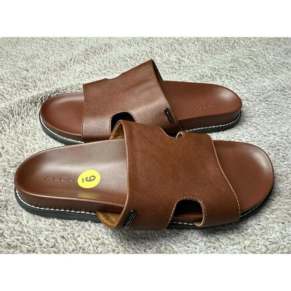Aldo Mondi Men’s Slide Sandals. PU Leather. Brown. Sz: 9 US. NWOB